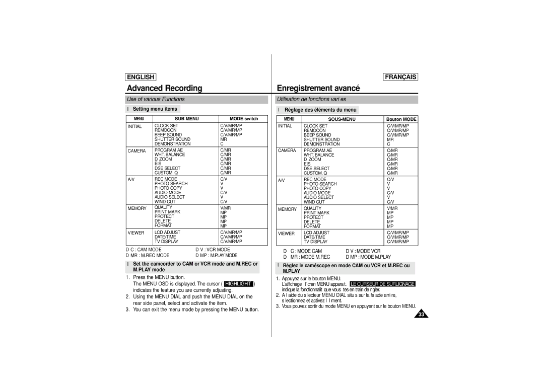 Samsung AD68-00541C Advanced Recording Enregistrement avancé, Use of various Functions Utilisation de fonctions variées 