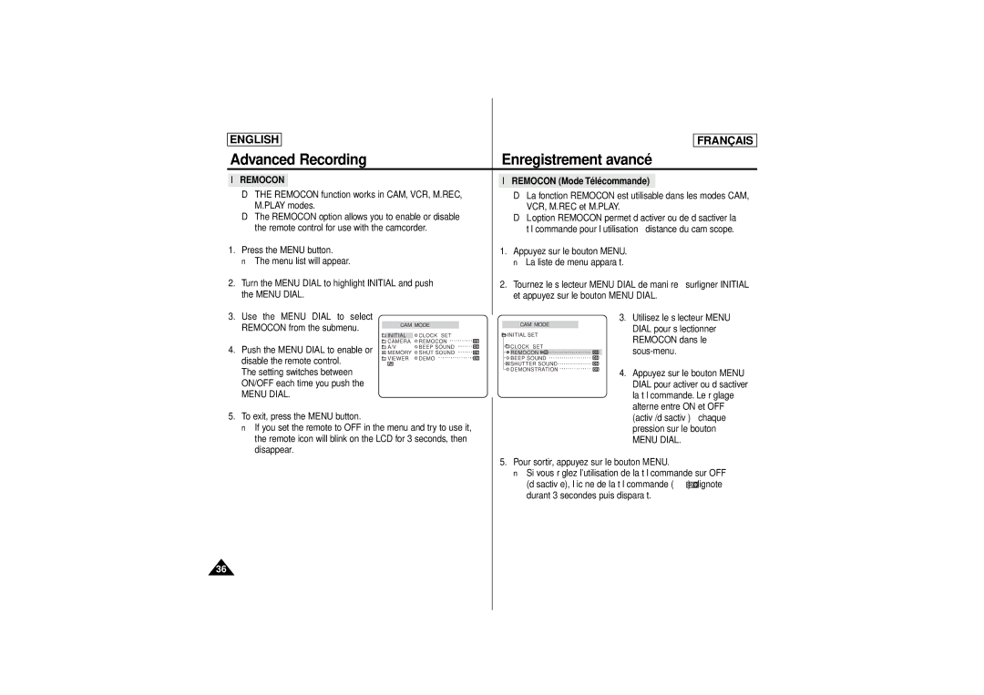 Samsung SCD 180, AD68-00541C Remocon function works in CAM, VCR, M.REC, Dial pour sélectionner, Remocon dans le, Sous-menu 