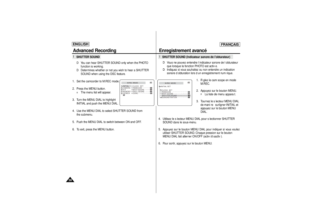 Samsung SCD 180, AD68-00541C manual You can hear Shutter Sound only when the Photo, Réglez le caméscope en mode, Rec 