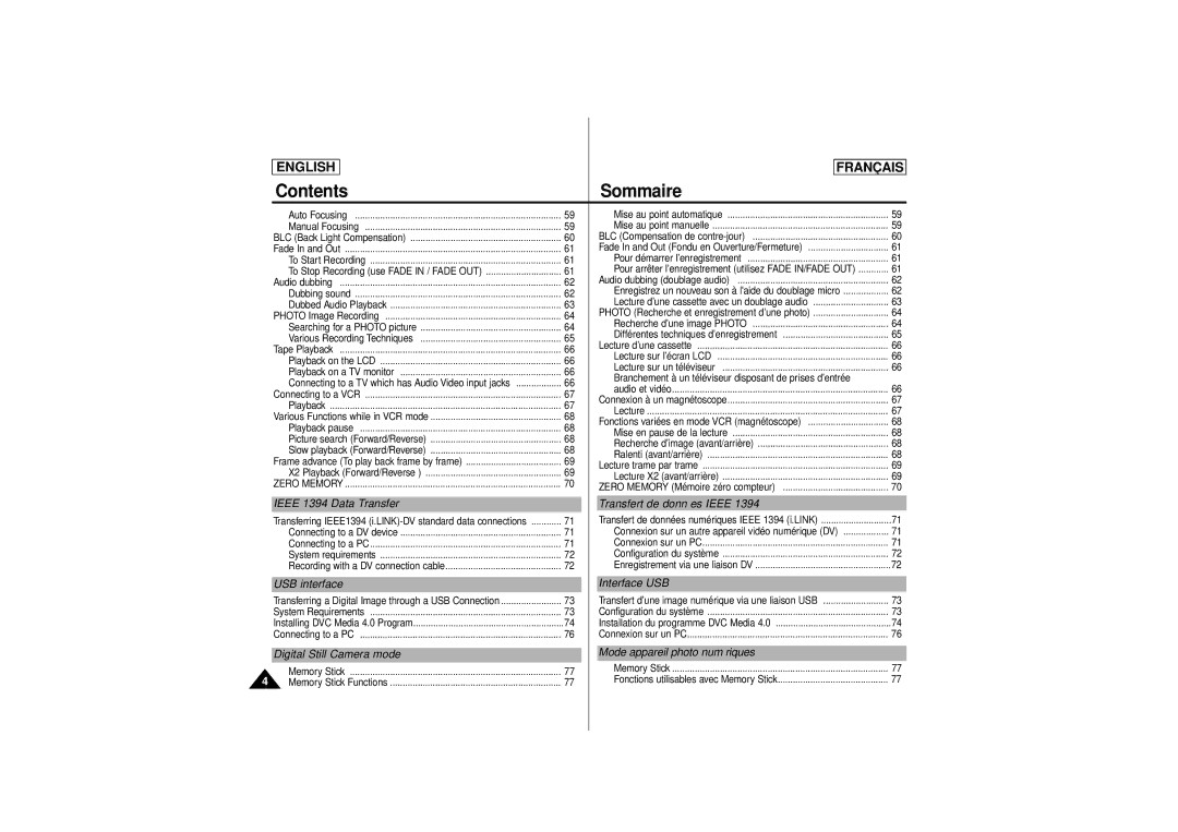 Samsung SCD 180, AD68-00541C manual Ieee 1394 Data Transfer Transfert de données Ieee, USB interface Interface USB 