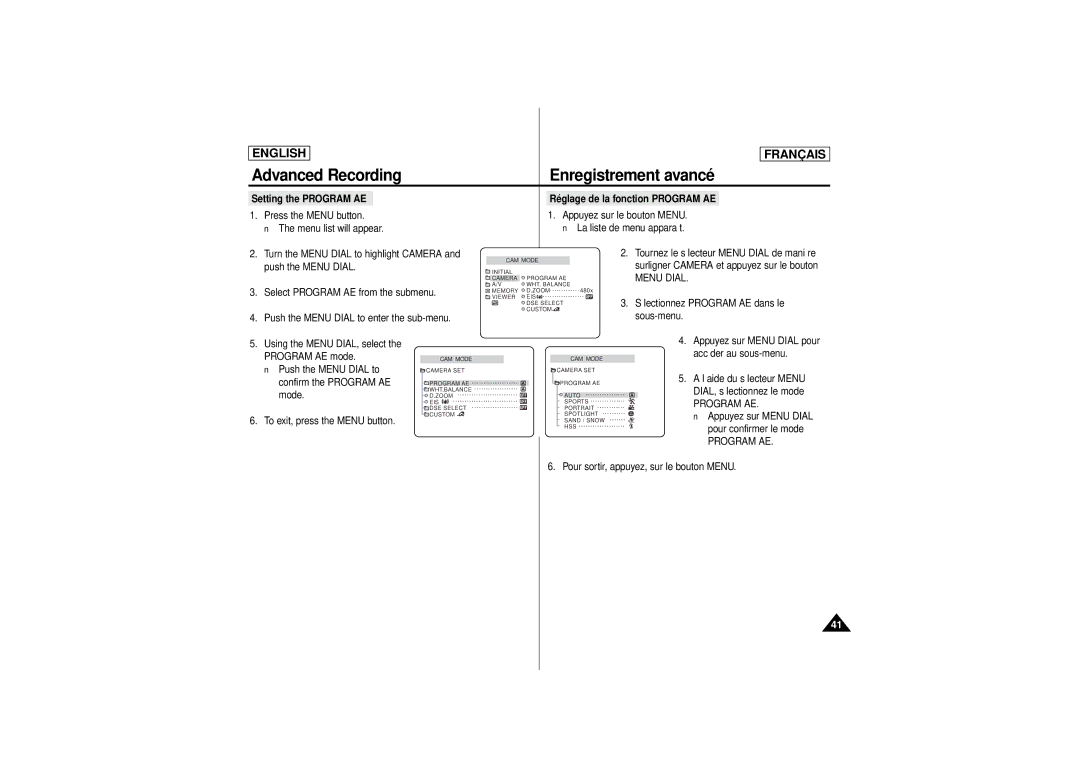 Samsung AD68-00541C, SCD 180 manual Setting the Program AE 