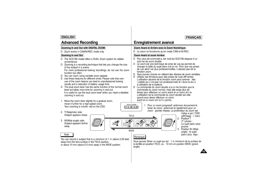 Samsung AD68-00541C, SCD 180 manual Zooming In and Out Zoom Avant et zoom Arrière 