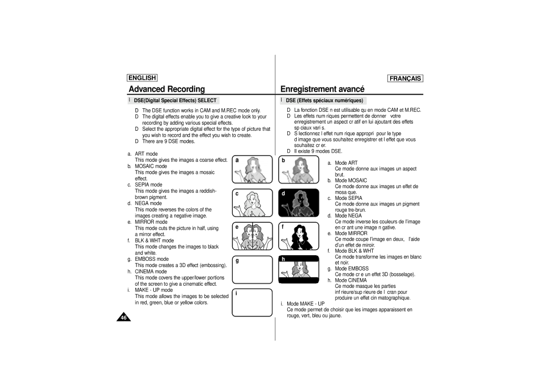 Samsung SCD 180 manual DSE function works in CAM and M.REC mode only, Les effets numériques permettent de donner à votre 