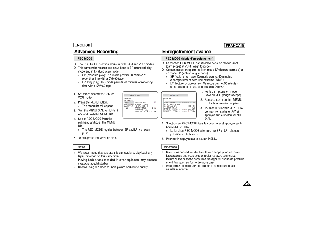 Samsung AD68-00541C manual La fonction REC Mode est utilisable dans les modes CAM, Caméscope et VCR magnétoscope, VCR mode 