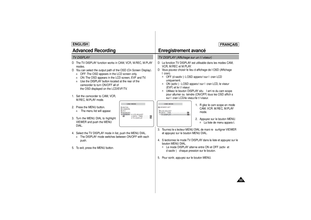 Samsung AD68-00541C, SCD 180 manual TV Display Affichage sur un téléviseur, Cam, Vcr. M.Rec, M.Play 