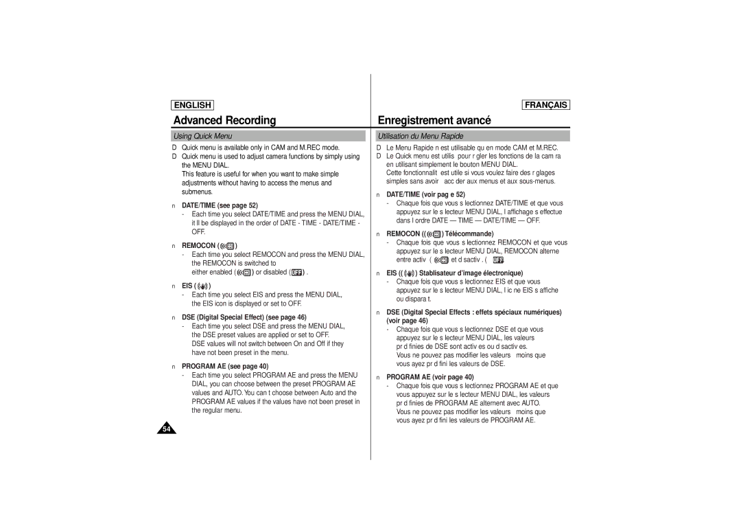 Samsung SCD 180, AD68-00541C manual Utilisation du Menu Rapide, Using Quick Menu, Eis 