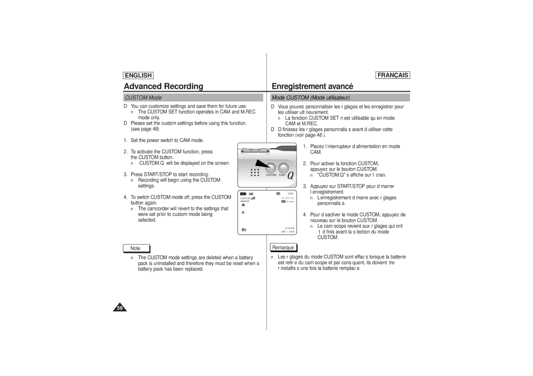 Samsung SCD 180, AD68-00541C manual Custom Mode Mode Custom Mode utilisateur 