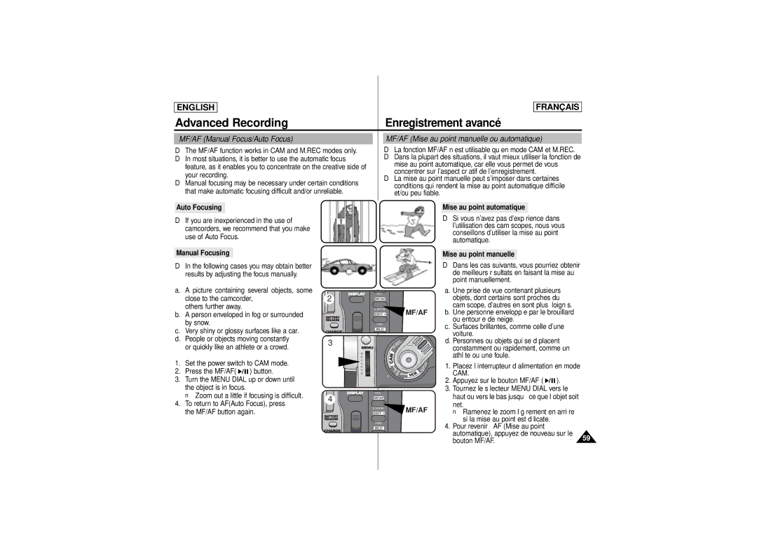 Samsung AD68-00541C, SCD 180 manual MF/AF Manual Focus/Auto Focus, MF/AF Mise au point manuelle ou automatique 