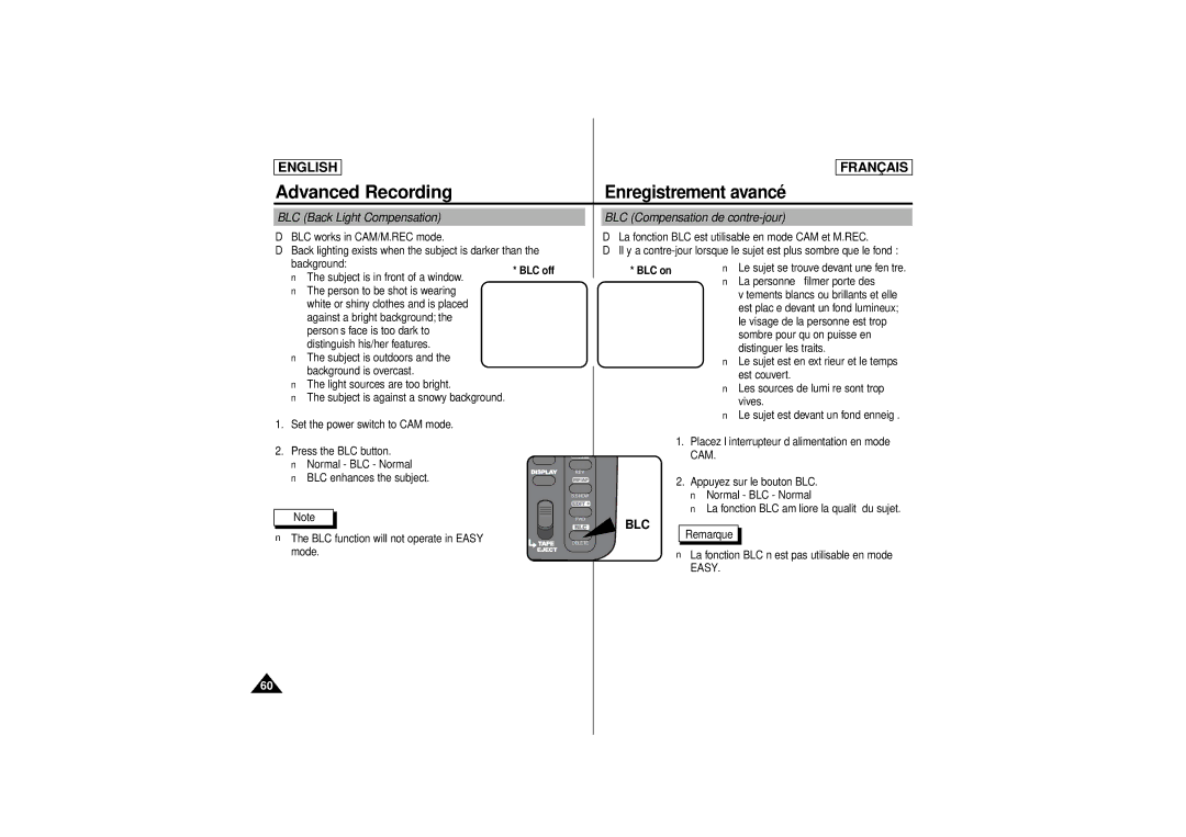 Samsung SCD 180, AD68-00541C manual BLC Back Light Compensation BLC Compensation de contre-jour, BLC off BLC on, Easy 