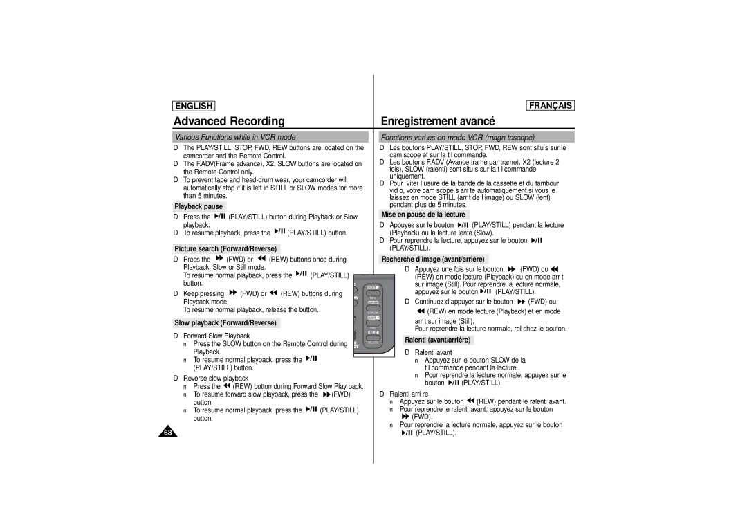 Samsung SCD 180 manual Fonctions variées en mode VCR magnétoscope, Various Functions while in VCR mode, Playback pause, Fwd 