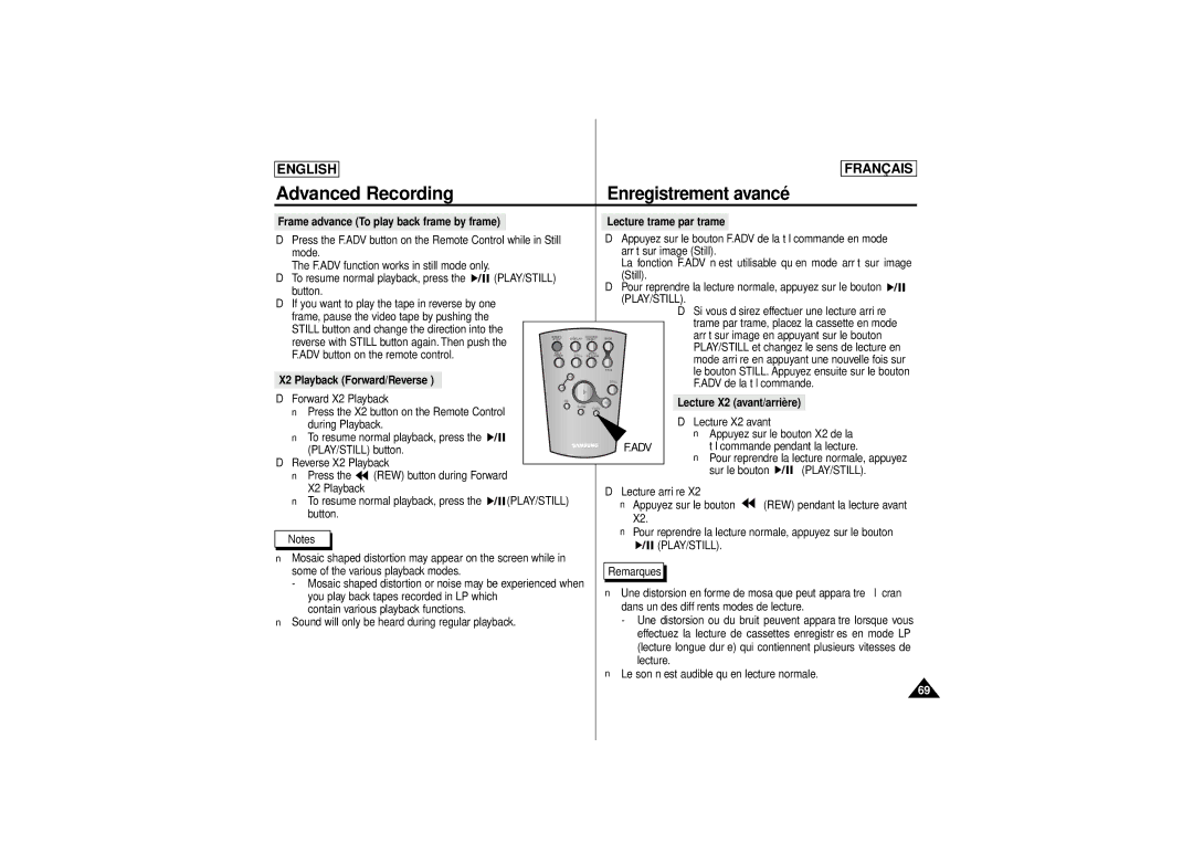 Samsung AD68-00541C Mode Arrêt sur image Still, Still Button, Trame par trame, placez la cassette en mode, Sur le bouton 