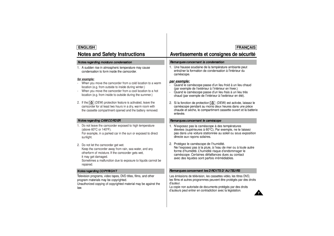 Samsung AD68-00541C, SCD 180 manual Remarques concernant la condensation, Remarques concernant le caméscope 