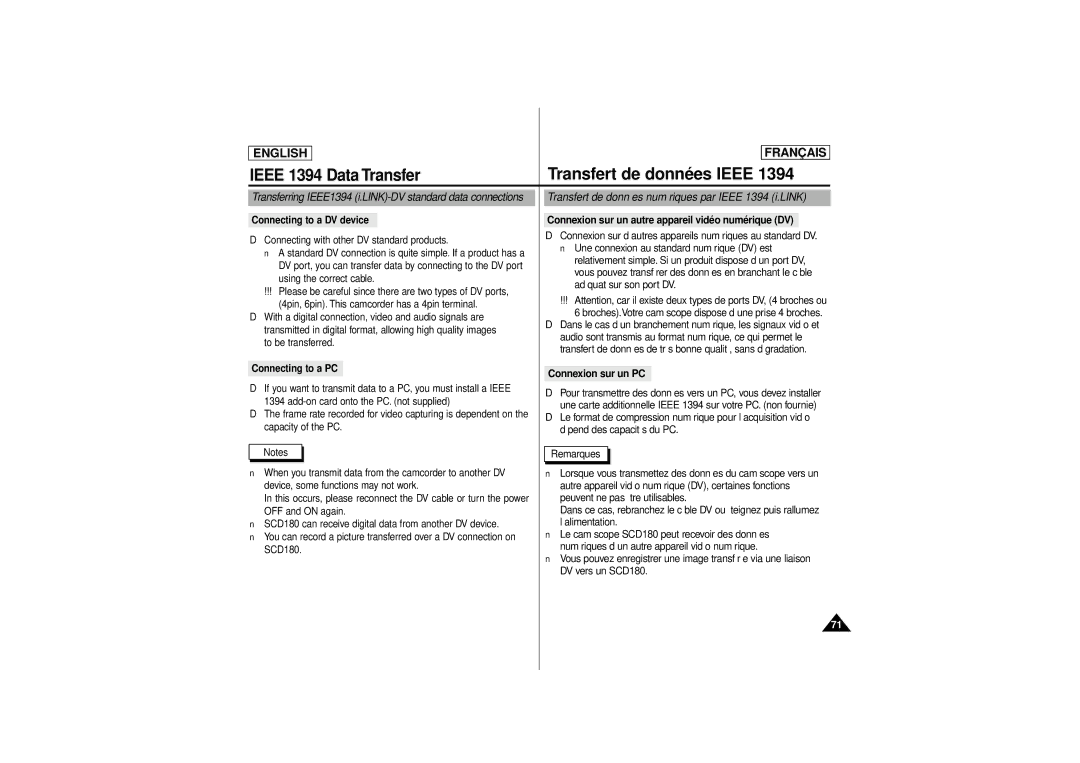 Samsung AD68-00541C, SCD 180 manual Ieee 1394 Data Transfer, Transfert de données numériques par Ieee 1394 i.LINK 