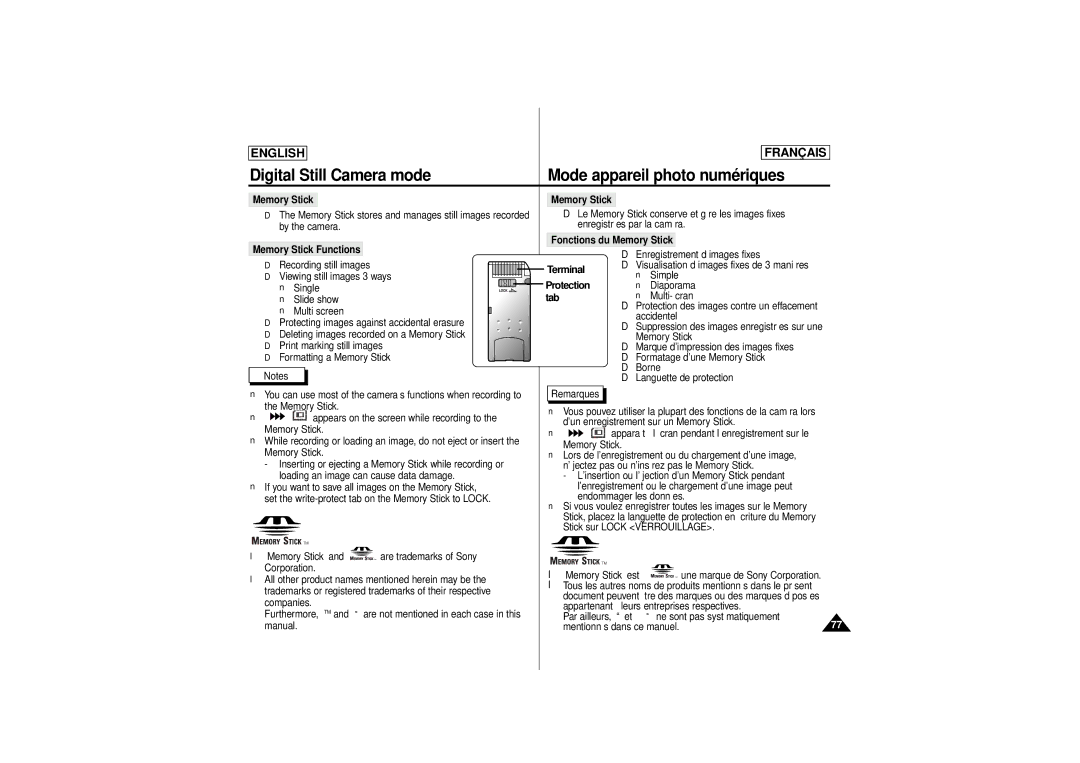 Samsung AD68-00541C, SCD 180 manual Digital Still Camera mode Mode appareil photo numériques, Memory Stick 