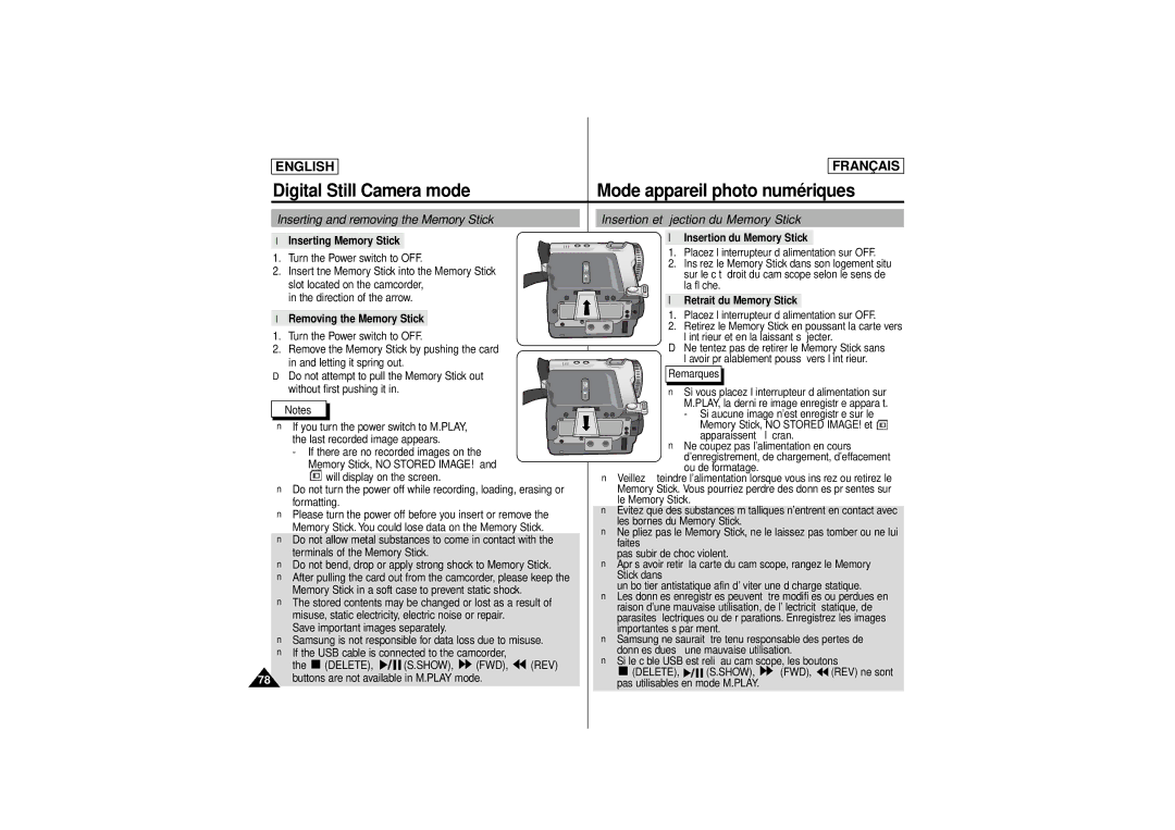 Samsung SCD 180 Inserting Memory Stick Insertion du Memory Stick, Retrait du Memory Stick Removing the Memory Stick, Show 