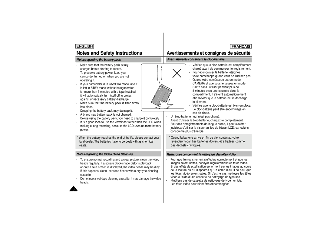 Samsung SCD 180, AD68-00541C Avertissements concernant le bloc-batterie, Remarques concernant le nettoyage des têtes vidéo 