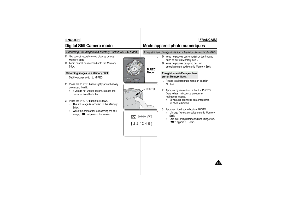 Samsung AD68-00541C, SCD 180 Recording Still images to a Memory Stick in M.REC Mode, Recording images to a Memory Stick 