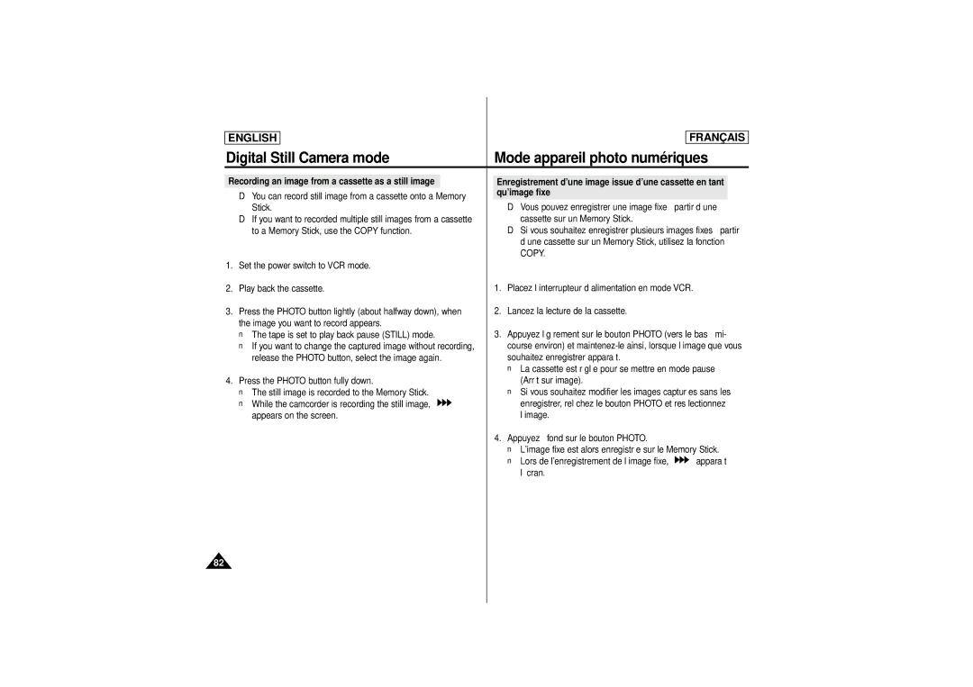 Samsung SCD 180, AD68-00541C manual You can record still image from a cassette onto a Memory, Qu’image fixe, Copy 