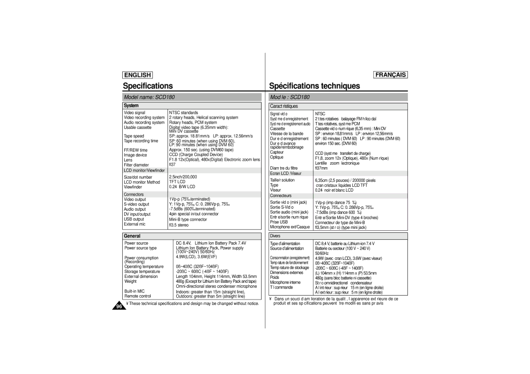 Samsung SCD 180, AD68-00541C Specifications Spécifications techniques, Model name SCD180, Modèle SCD180, System, General 