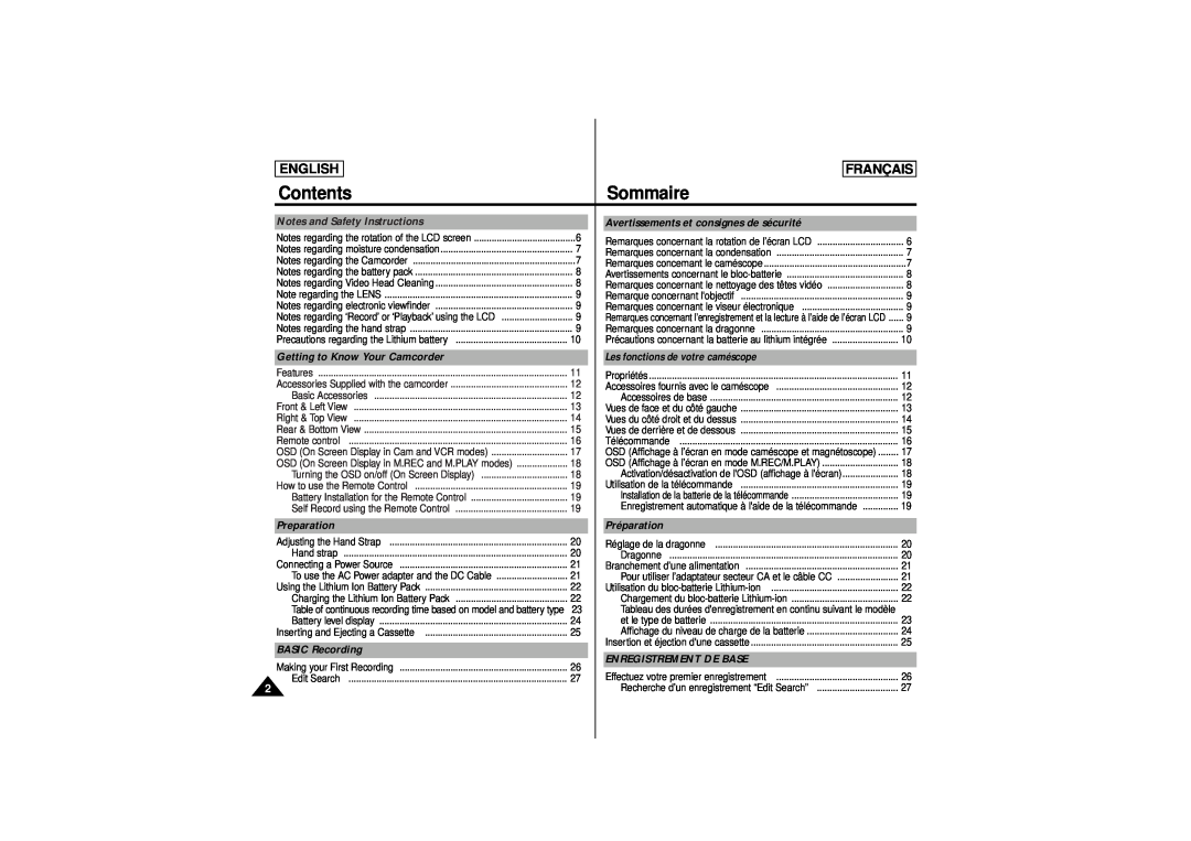Samsung SCD 180 Contents, Sommaire, Notes and Safety Instructions, Avertissements et consignes de sécurité, Preparation 