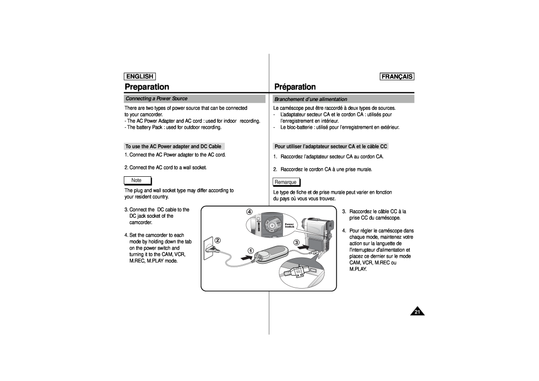 Samsung AD68-00541C, SCD 180 manual Connecting a Power Source, Preparation, Préparation, English, Français 