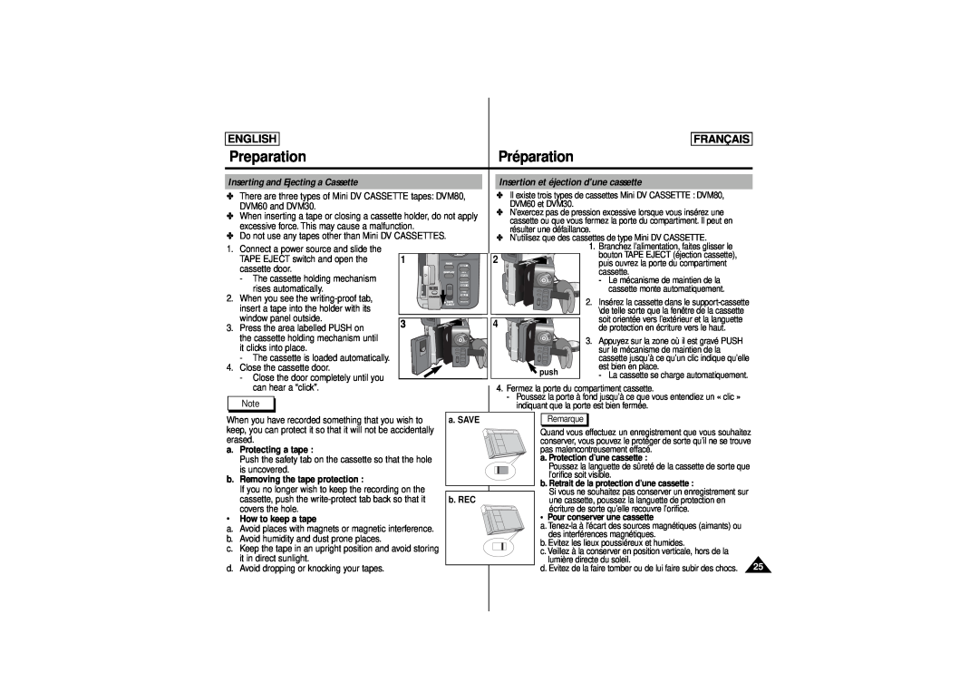 Samsung AD68-00541C manual Inserting and Ejecting a Cassette, Insertion et éjection dune cassette, Preparation, Préparation 