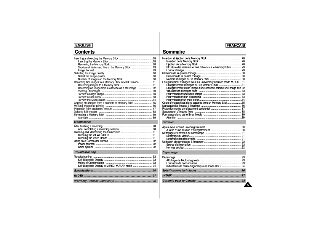 Samsung AD68-00541C manual Maintenance, Entretien, Troubleshooting, Dépannage, Index, Contents, Sommaire, English, Français 