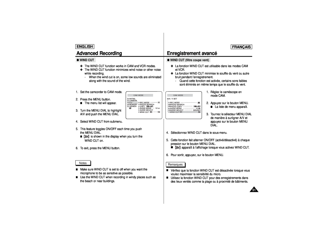 Samsung AD68-00541C, SCD 180 manual Advanced Recording, Enregistrement avancé, English, Français, Wind Cut 