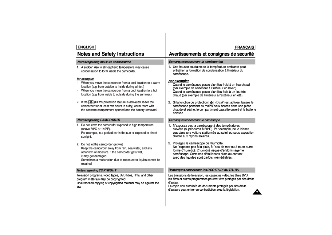 Samsung AD68-00541C Remarques concernant les DROITS D’AUTEURS, Notes regarding moisture condensation, English, Français 