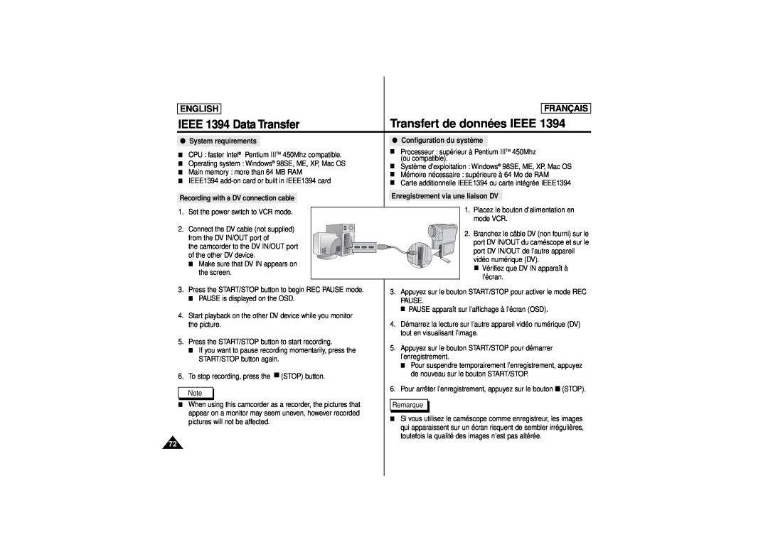 Samsung SCD 180, AD68-00541C IEEE 1394 Data Transfer, Transfert de données IEEE, English, Français, System requirements 