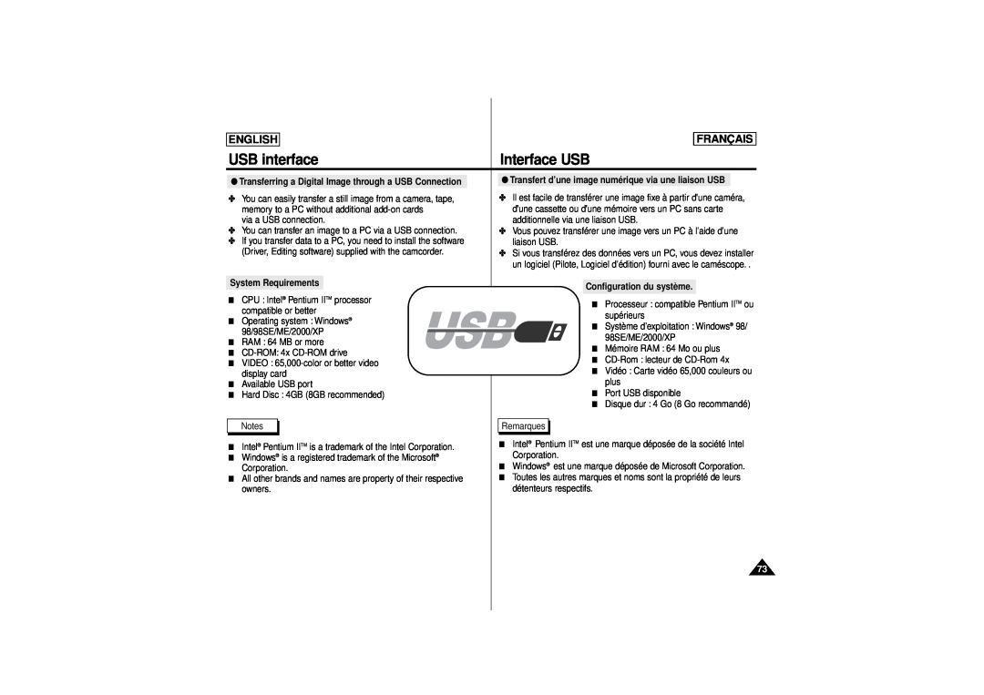 Samsung AD68-00541C USB interface, Interface USB, English, Français, Transferring a Digital Image through a USB Connection 
