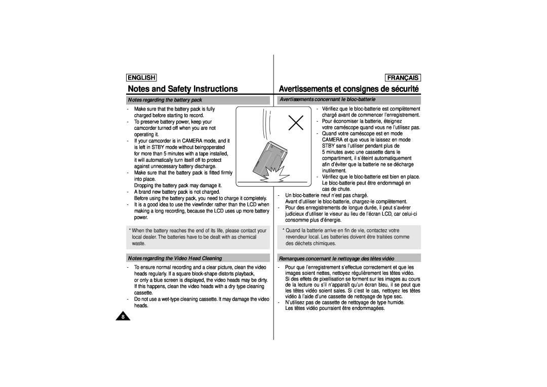 Samsung SCD 180 manual Notes regarding the battery pack, Avertissements concernant le bloc-batterie, English, Français 