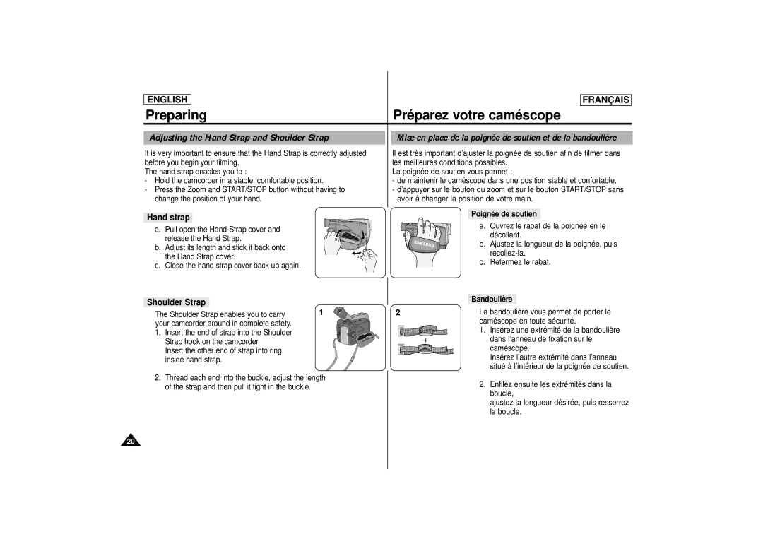 Samsung AD68-00395C, SCD 67 Preparing Pré parez votre camé scope, Adjusting the Hand Strap and Shoulder Strap, Hand strap 