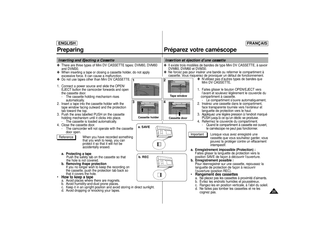 Samsung SCD 70 Rangement des cassettes How to keep a tape, Save, Enregistrement impossible Protection Protecting a tape 