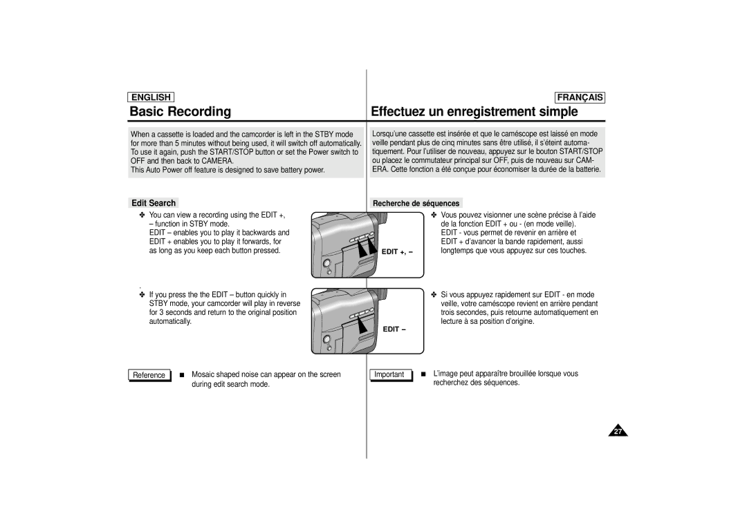 Samsung SCD 67, SCD 70, AD68-00395C manual Basic Recording, Edit Search, Recherche de séquences, Edit + 