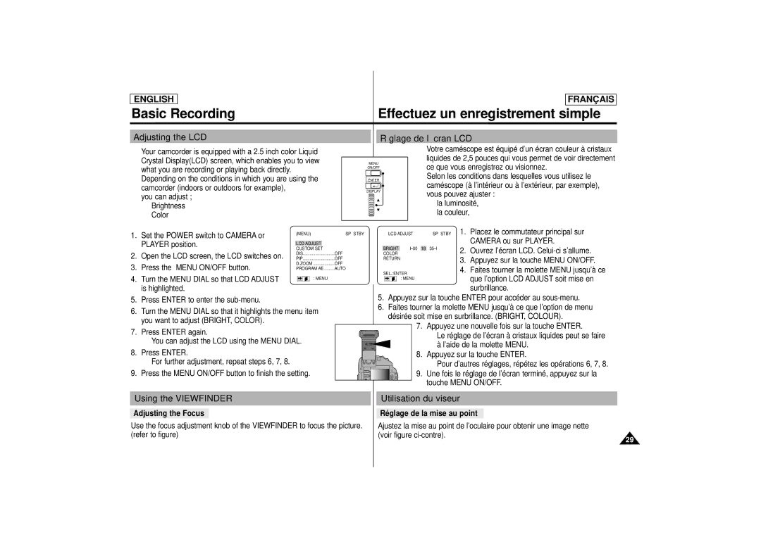 Samsung AD68-00395C, SCD 67, SCD 70 Adjusting the LCD Réglage de l’écran LCD, Using the Viewfinder Utilisation du viseur 