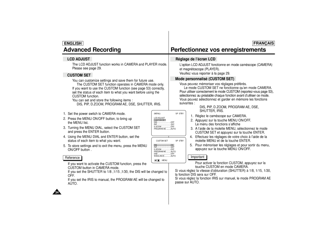 Samsung SCD 70, SCD 67, AD68-00395C manual LCD Adjust, Réglage de l’écran LCD, Mode personnalisé Custom SET 