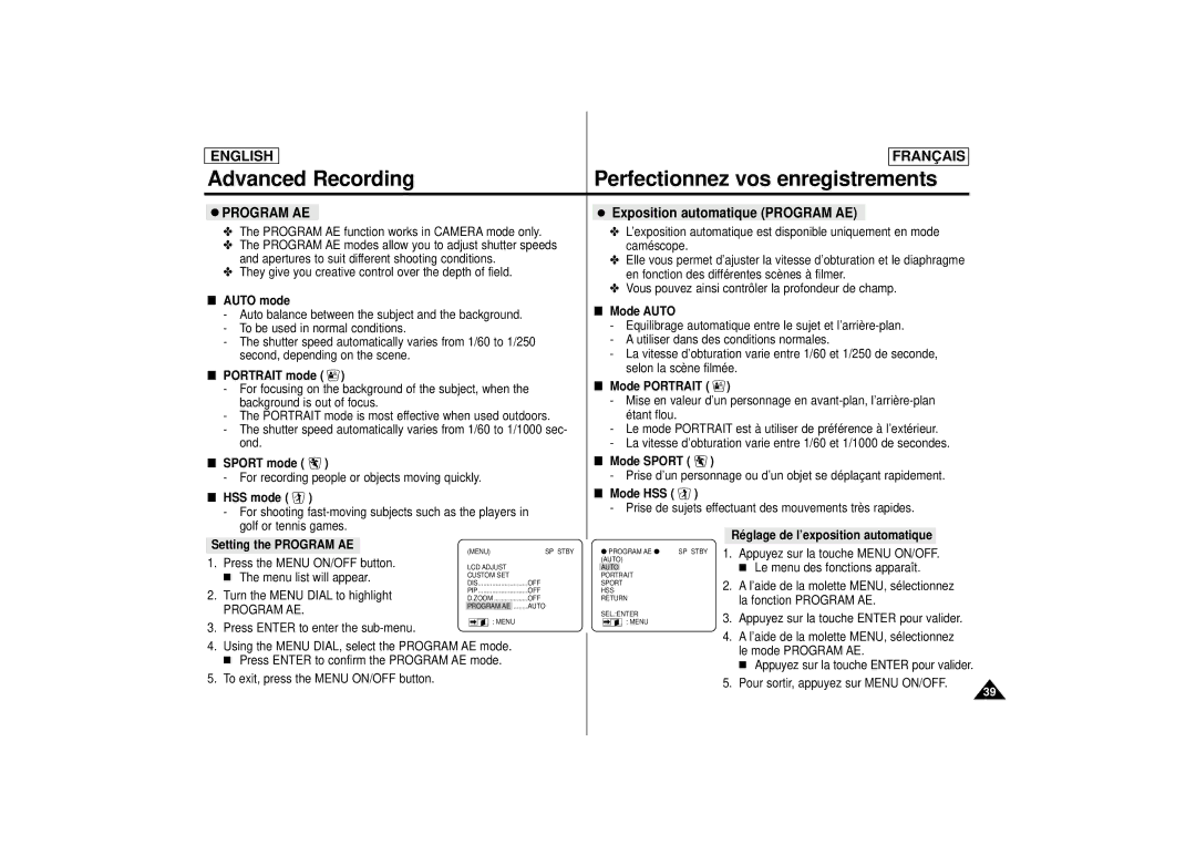 Samsung SCD 67, SCD 70, AD68-00395C manual Exposition automatique Program AE 