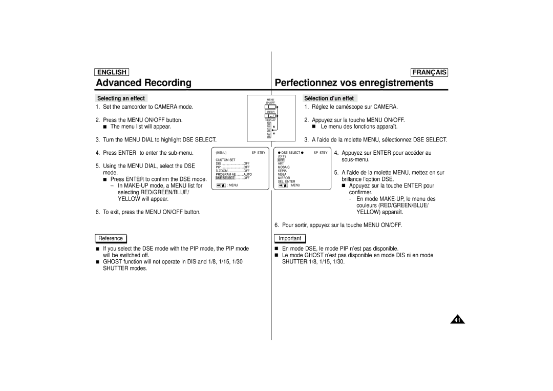 Samsung AD68-00395C, SCD 67, SCD 70 manual Advanced Recording, Selecting an effect 