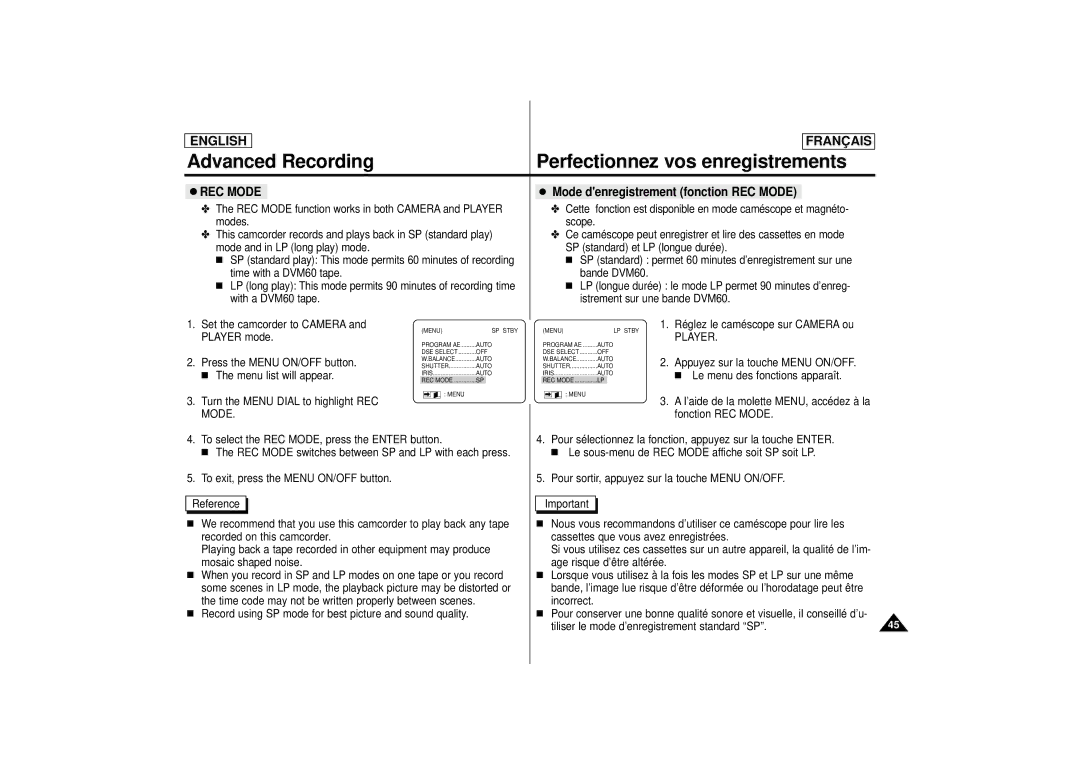 Samsung SCD 67, SCD 70, AD68-00395C manual Mode denregistrement fonction REC Mode, Player 