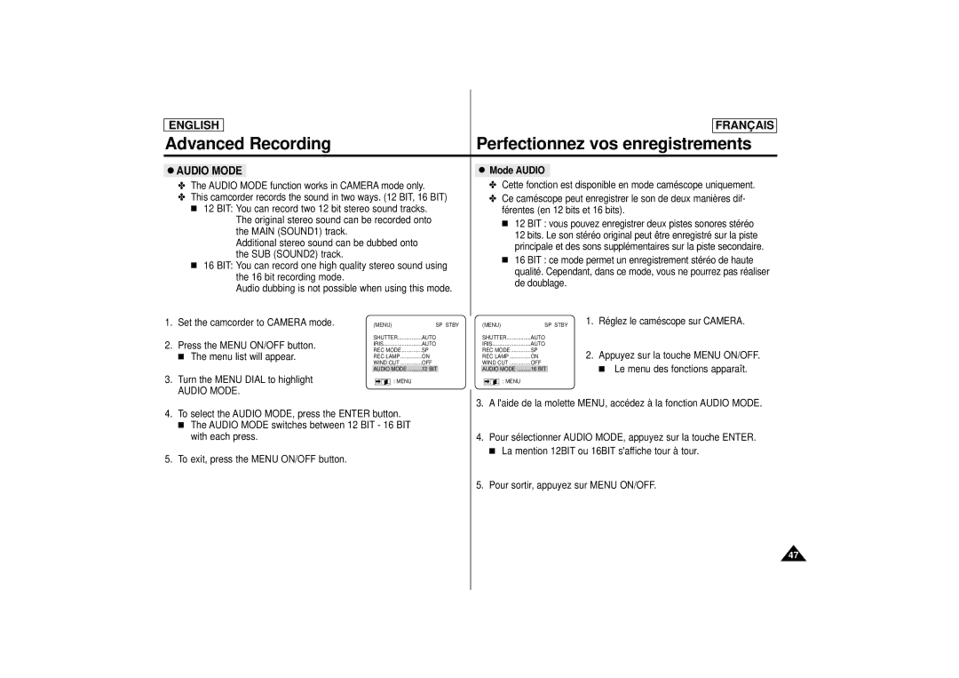 Samsung AD68-00395C, SCD 67, SCD 70 manual Audio Mode, Mode Audio 