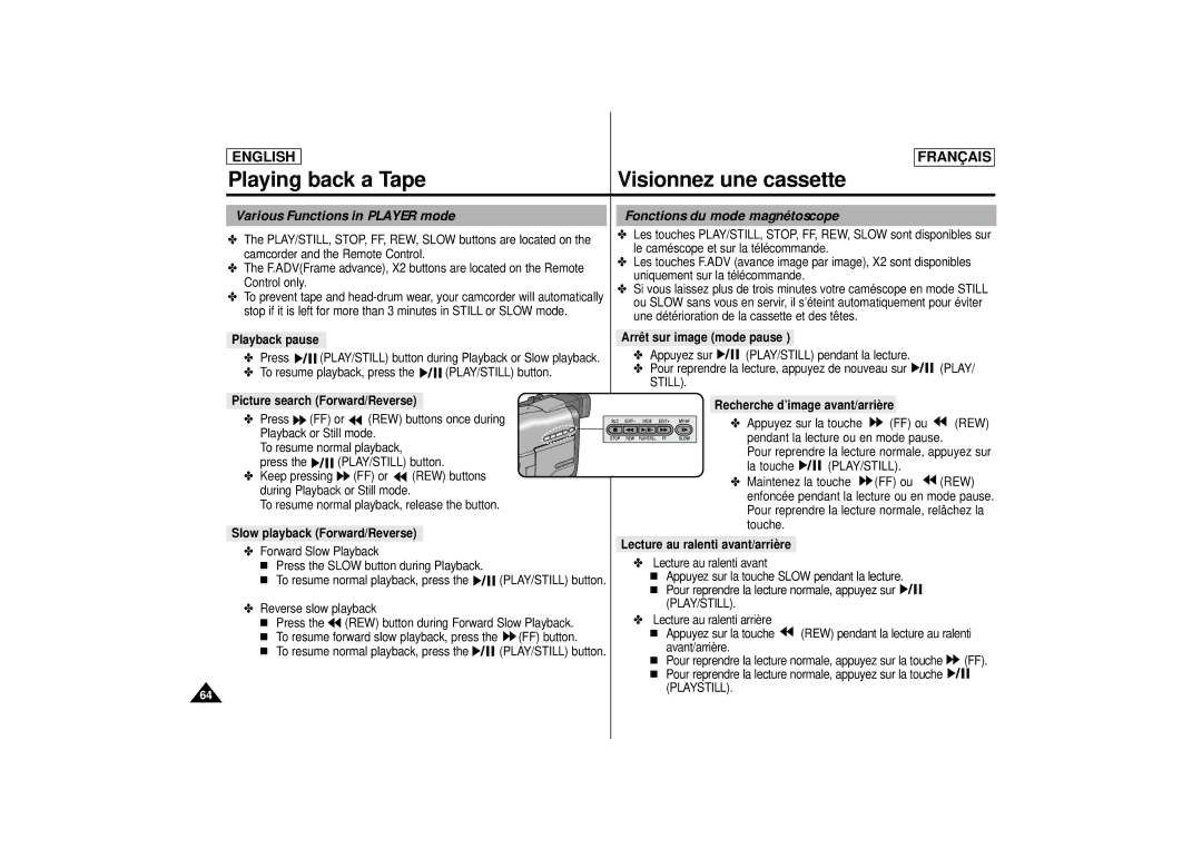 Samsung SCD 70, SCD 67, AD68-00395C manual Playback pause, Still, Slow playback Forward/Reverse, Playstill 