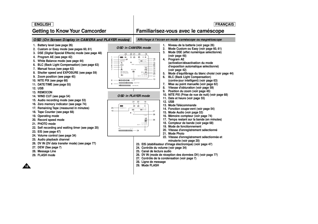 Samsung SCD 86, AD68-00516C manual OSD On Screen Display in Camera and Player modes 