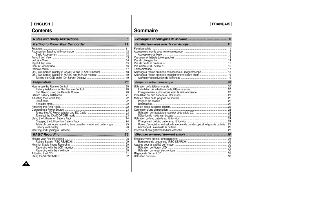 Samsung SCD 86, AD68-00516C manual Sommaire, Contents, Getting to Know Your Camcorder 