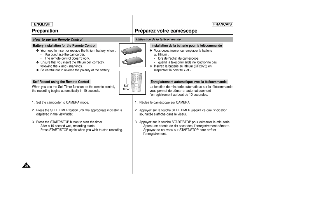 Samsung SCD 86, AD68-00516C manual Preparation Préparez votre caméscope, Battery Installation for the Remote Control 