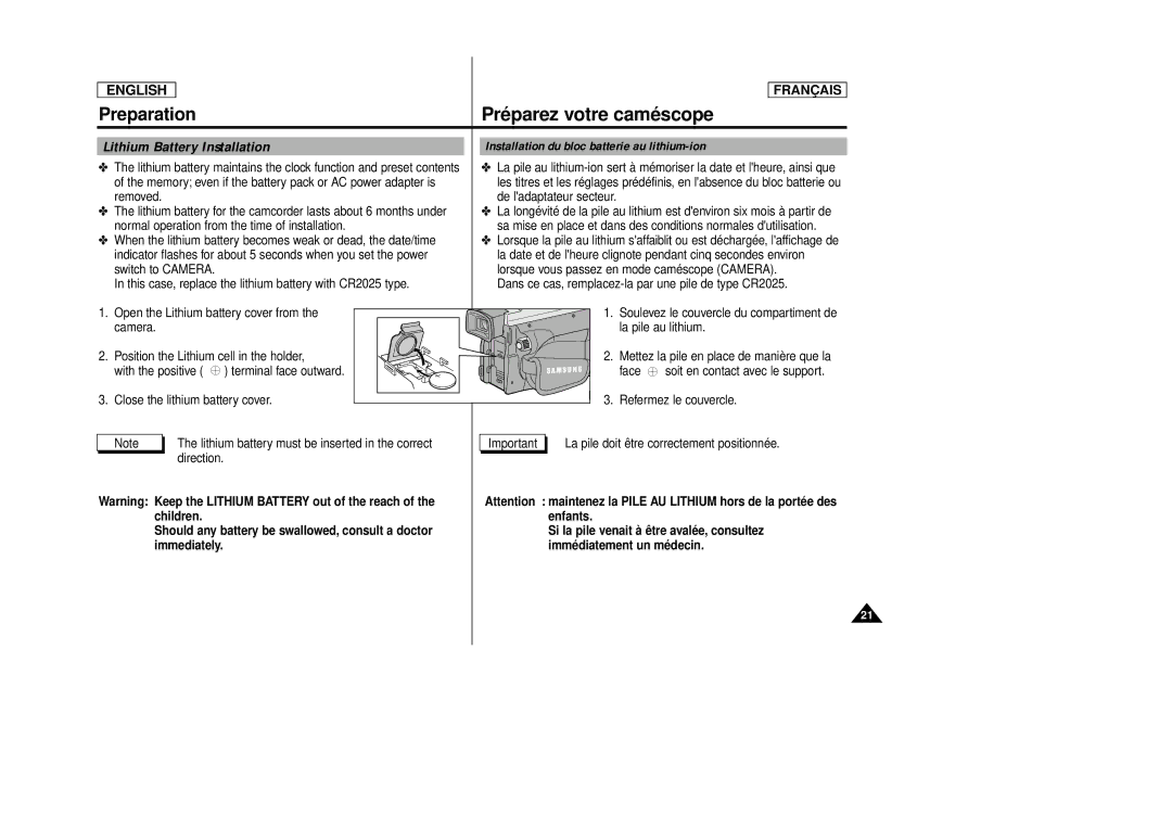 Samsung AD68-00516C, SCD 86 manual Préparez votre caméscope, Preparation 