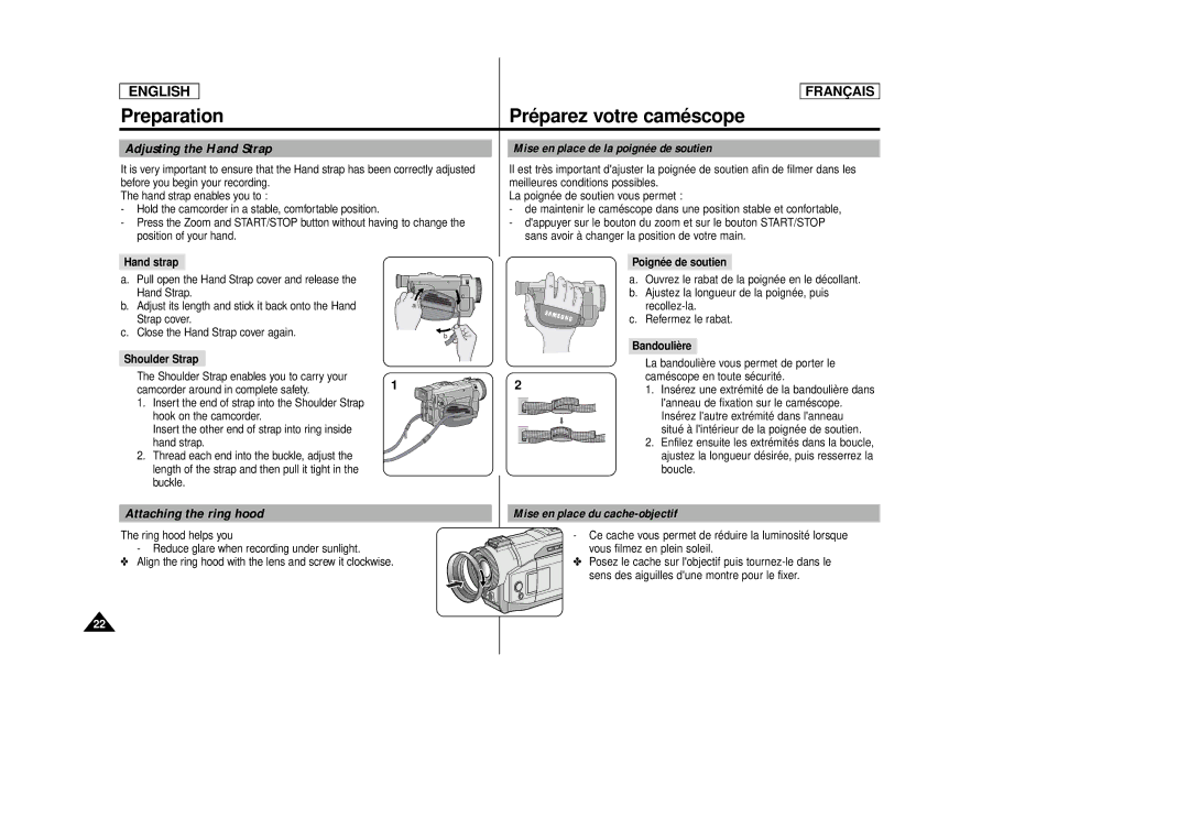 Samsung SCD 86, AD68-00516C manual Preparation, Adjusting the Hand Strap, Attaching the ring hood 