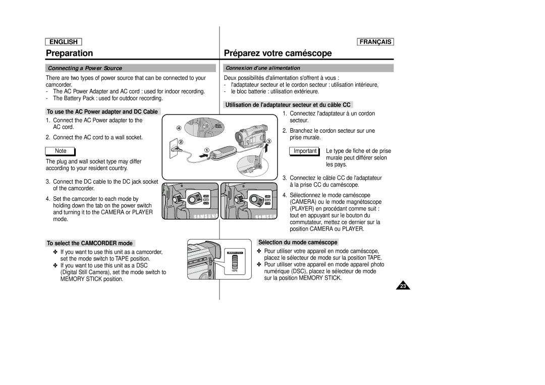 Samsung AD68-00516C, SCD 86 manual Connecting a Power Source, Connexion dune alimentation, To select the Camcorder mode 