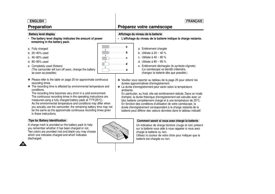 Samsung SCD 86, AD68-00516C Preparation Préparez votre caméscope, Battery level display, Tips for Battery Identification 