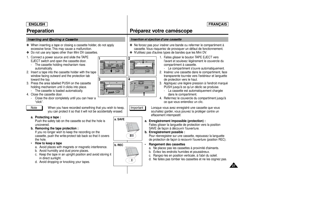 Samsung AD68-00516C, SCD 86 manual Inserting and Ejecting a Cassette, Insertion et éjection dune cassette 